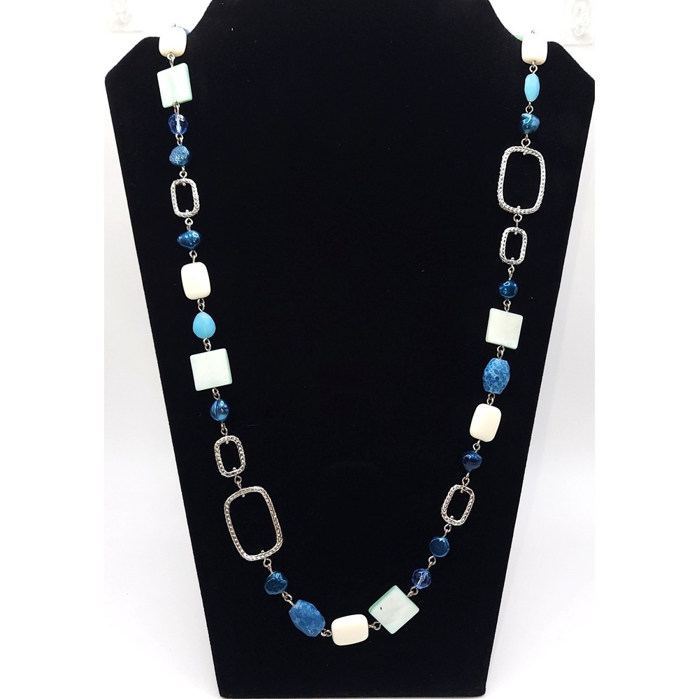 Retired Lia Sophia Vista Necklace Blue Mother of Pearl Signed 34in